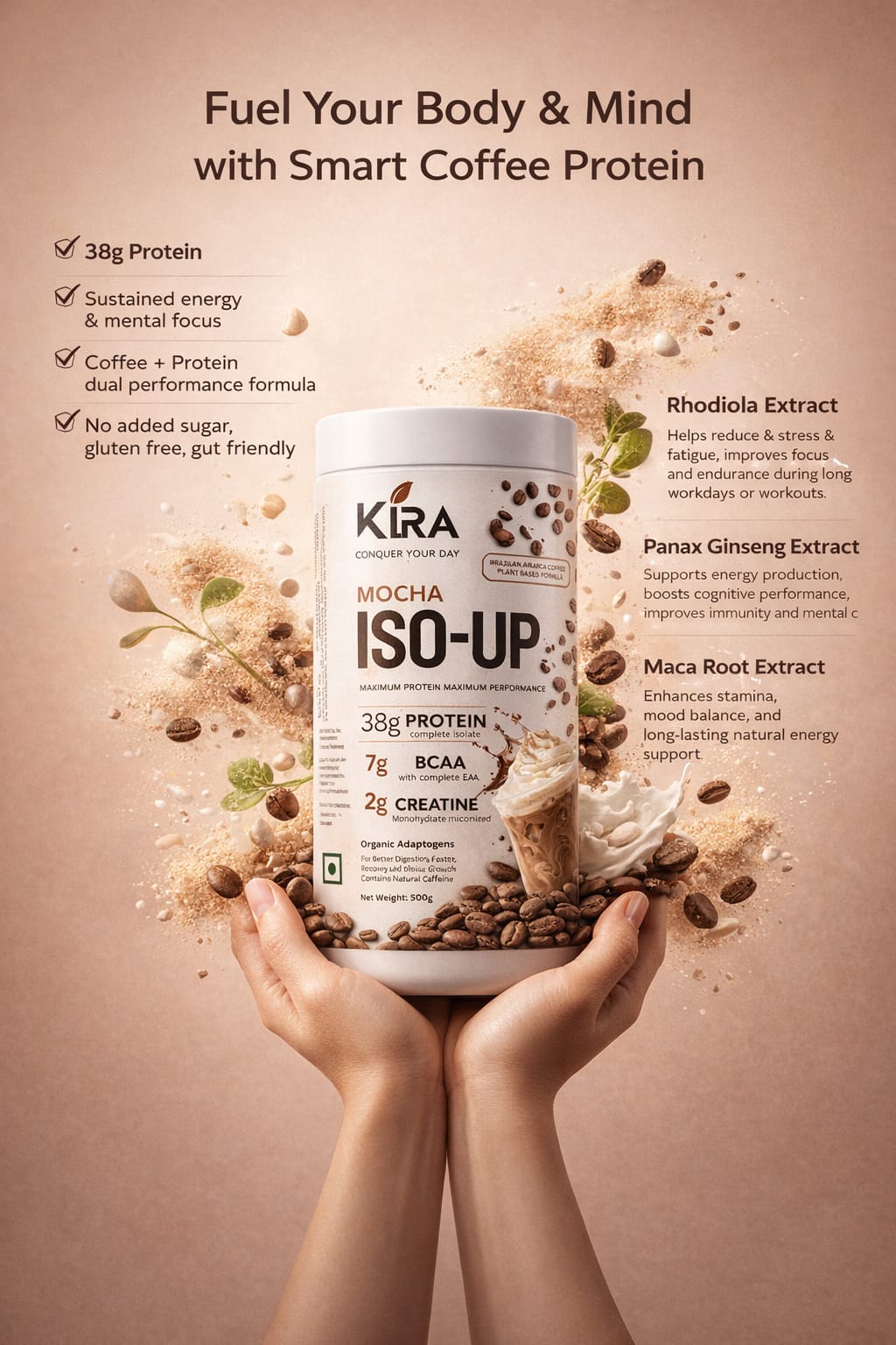 KIRA ISO-UP: Mocha flavor with Real Coffee, Creatine & BCAA