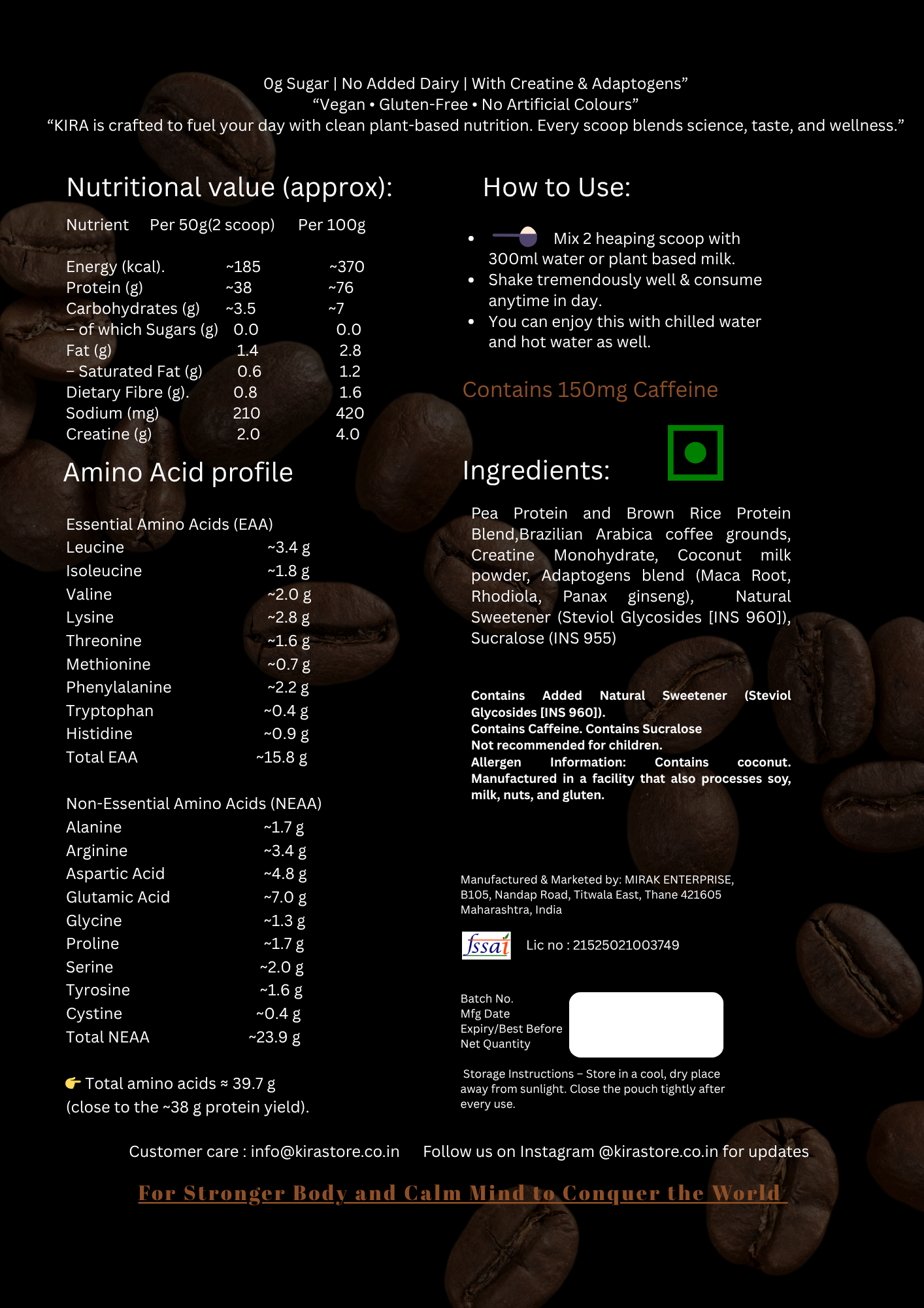 KIRA - ISO-UP: Max Performance Protein with Real Coffee, Creatine & BCAA in Rasberry flavor