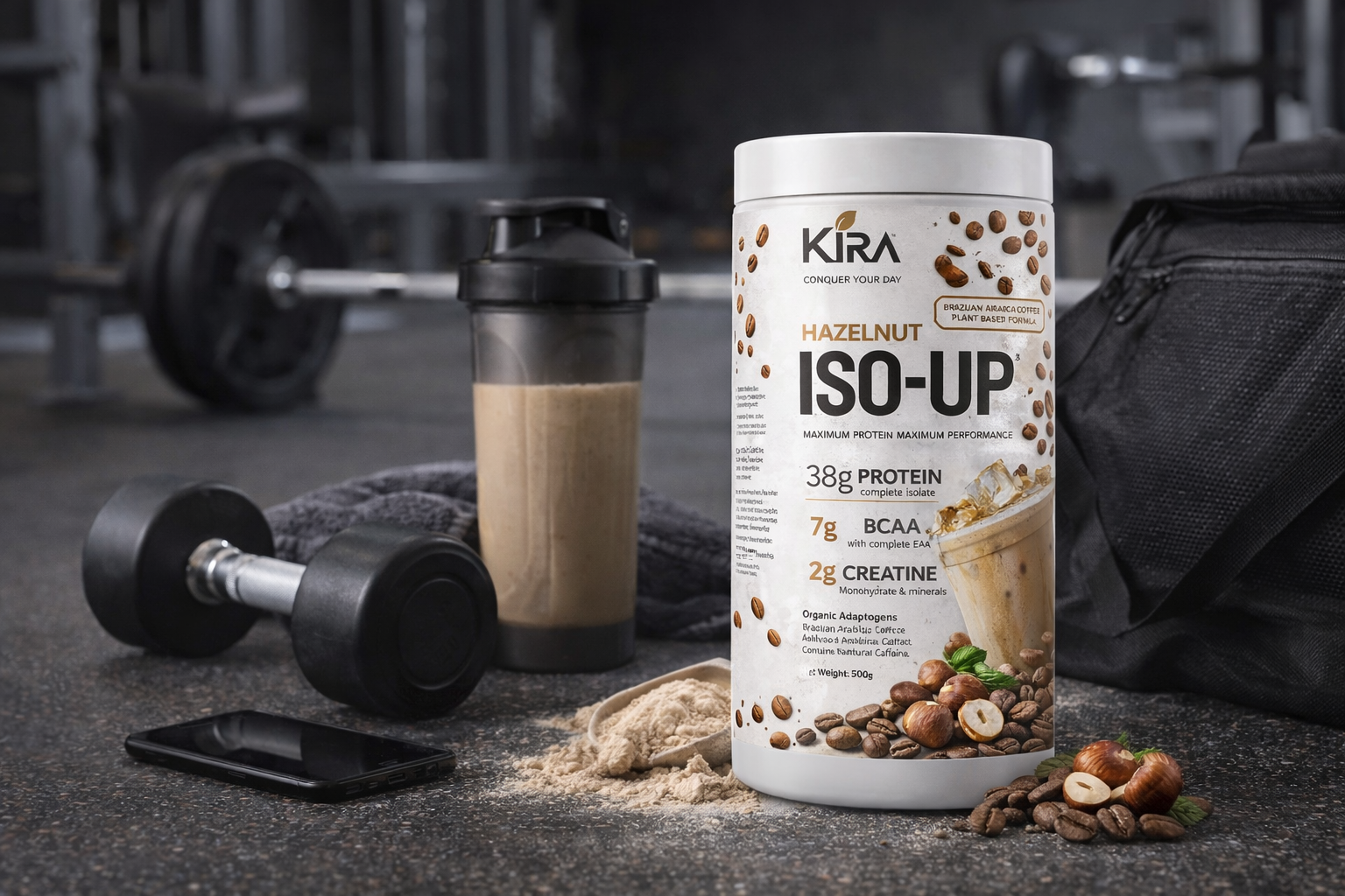 KIRA ISO-UP: Hazelnut flavor with Real Coffee, Creatine & BCAA