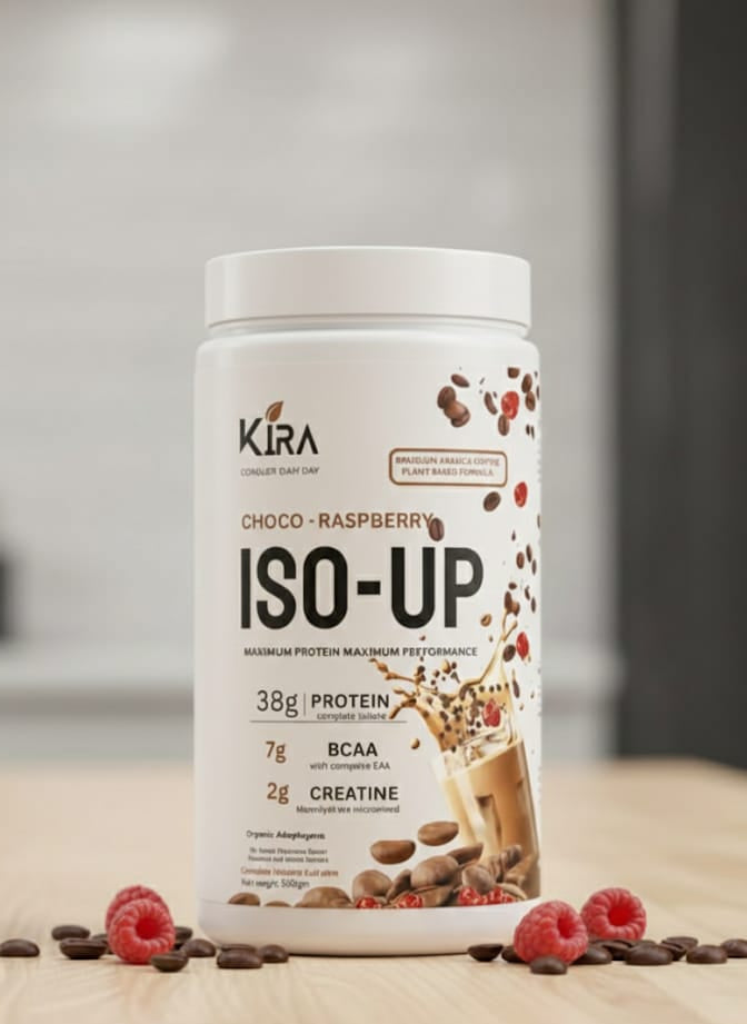 KIRA ISO-UP PLANT PROTEIN: Raspberry flavor with Real Coffee, Creatine & BCAA