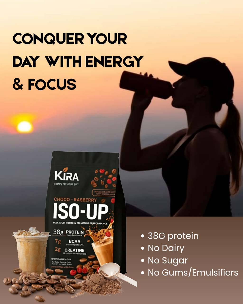 KIRA - ISO-UP: Max Performance Protein with Real Coffee, Creatine & BCAA in Rasberry flavor