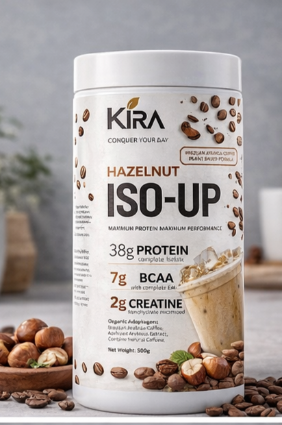 KIRA ISO-UP PLANT PROTEIN: Hazelnut flavor with Real Coffee, Creatine & BCAA