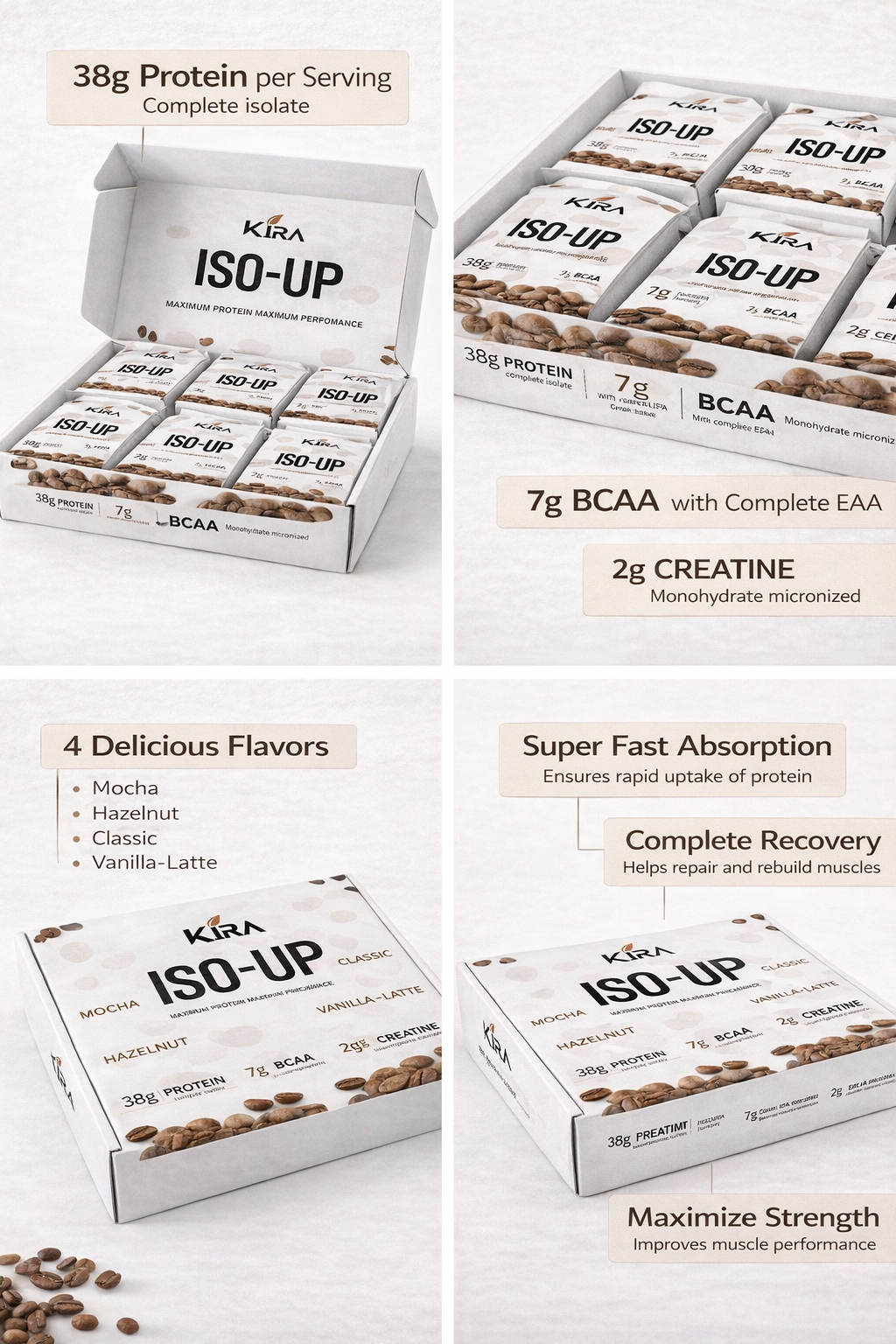 KIRA ISO-UP PLANT PROTEIN: 5 flavor with Real Coffee, Creatine & BCAA