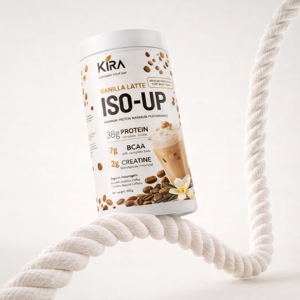 Kira Vanilla Latte ISO-UP protein powder container on a white background with a rope