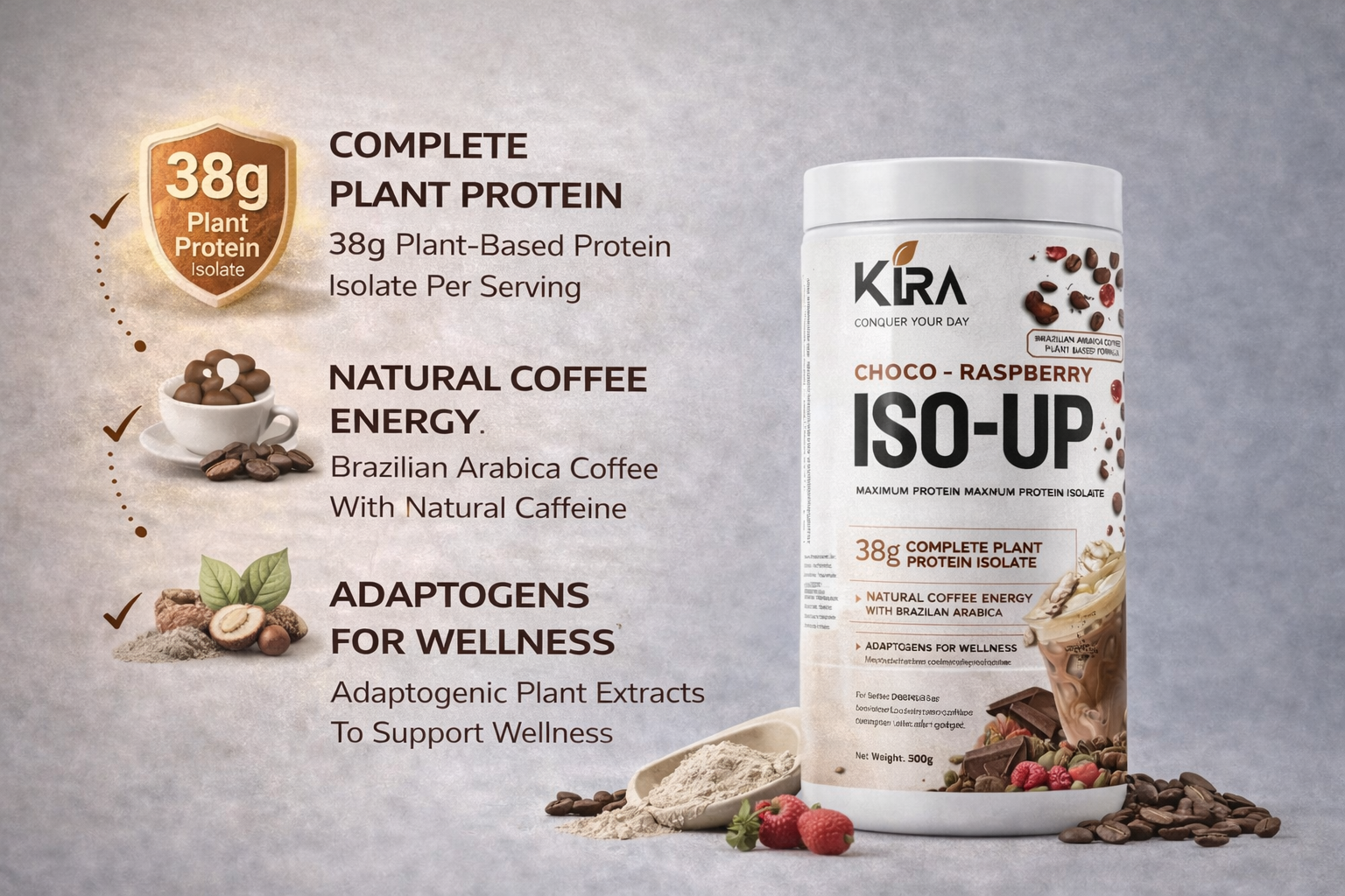 KIRA ISO-UP: Raspberry flavor with Real Coffee, Creatine & BCAA