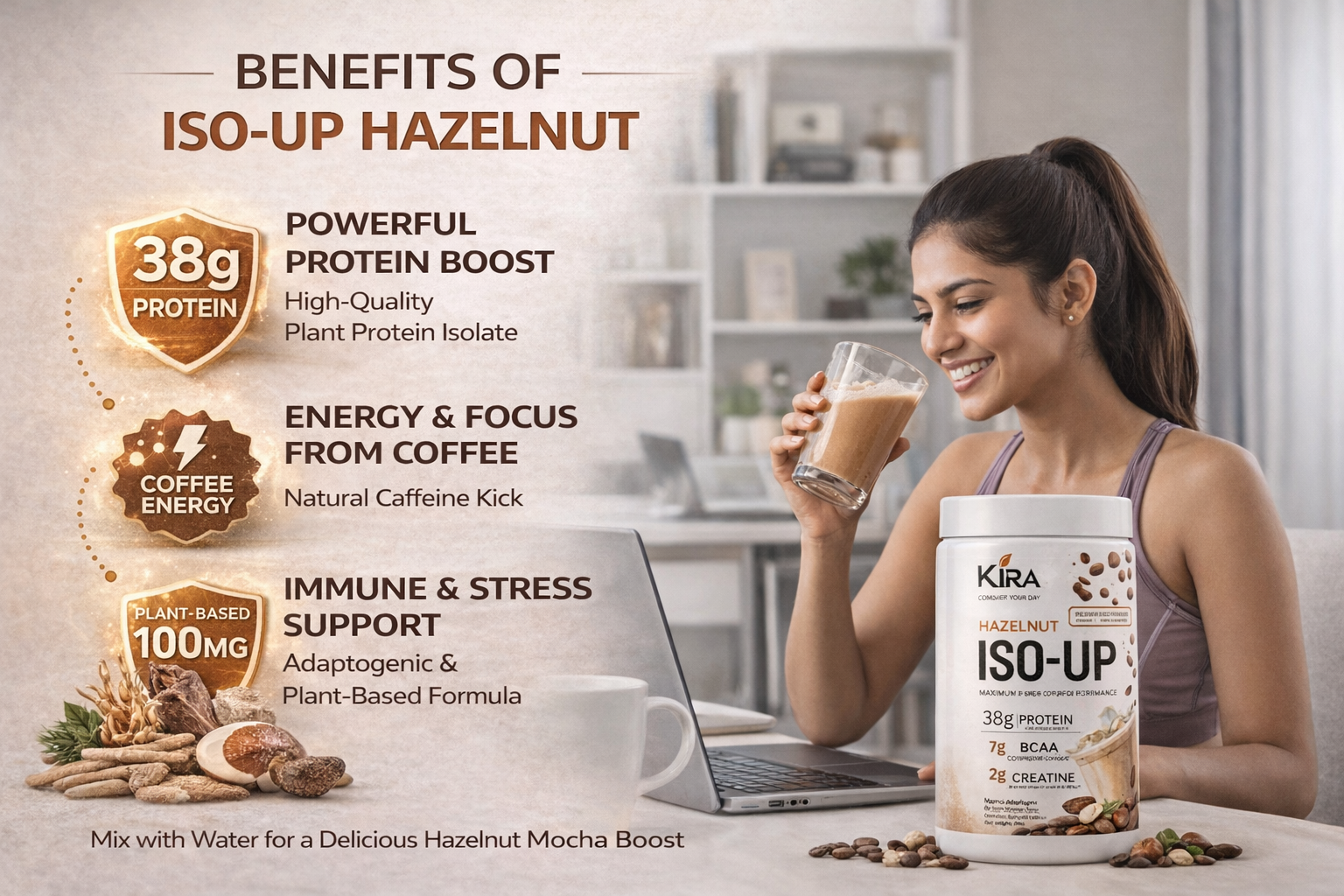 KIRA ISO-UP: Hazelnut flavor with Real Coffee, Creatine & BCAA